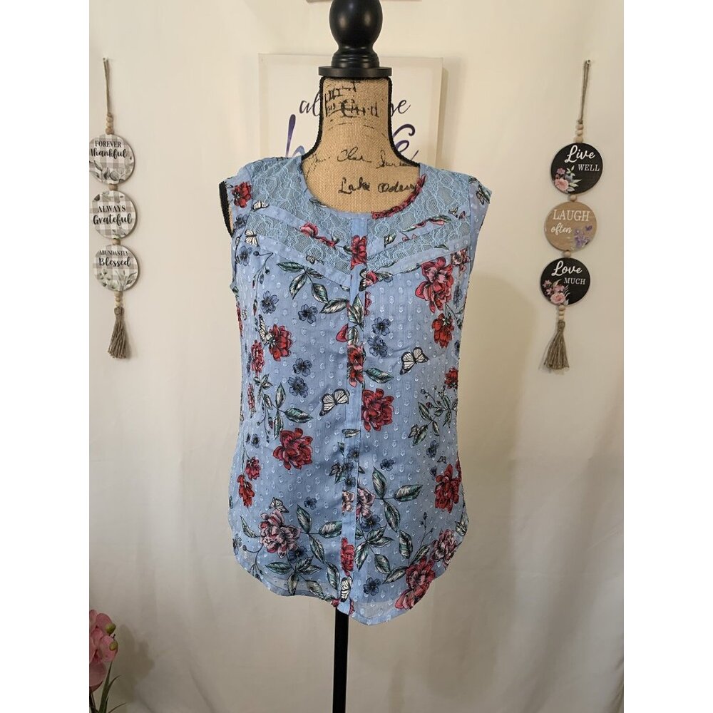 (C-87)Candie’s Women Floral Sleeveless Blouse Blue Lace Yoke Size S‎ Casual Top - Picture 3 of 10